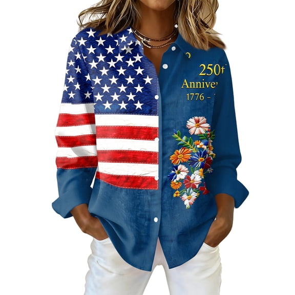Domzest Womens 250th Anniversary Usa Shirt 4th Of July Graphic Shirt Patriotic V Neck Long Sleeve Butoon Down Tshirt Dark Blue S