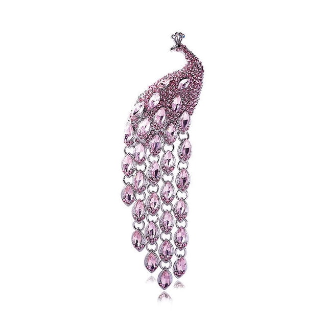 Broche de borla de pavo real de cola larga grande con incrustaciones de diamantes estilo retro, joyería para suéter, ramillete, accesorios para mujer