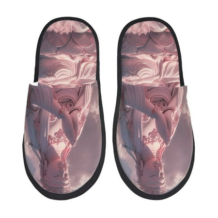 Balery Pink Lotus Buddha Slient Indoor Furry Fleece Comfort House Shoes Soft Non-Slip Home Shoes Cotton slippers House Slippers-- Large