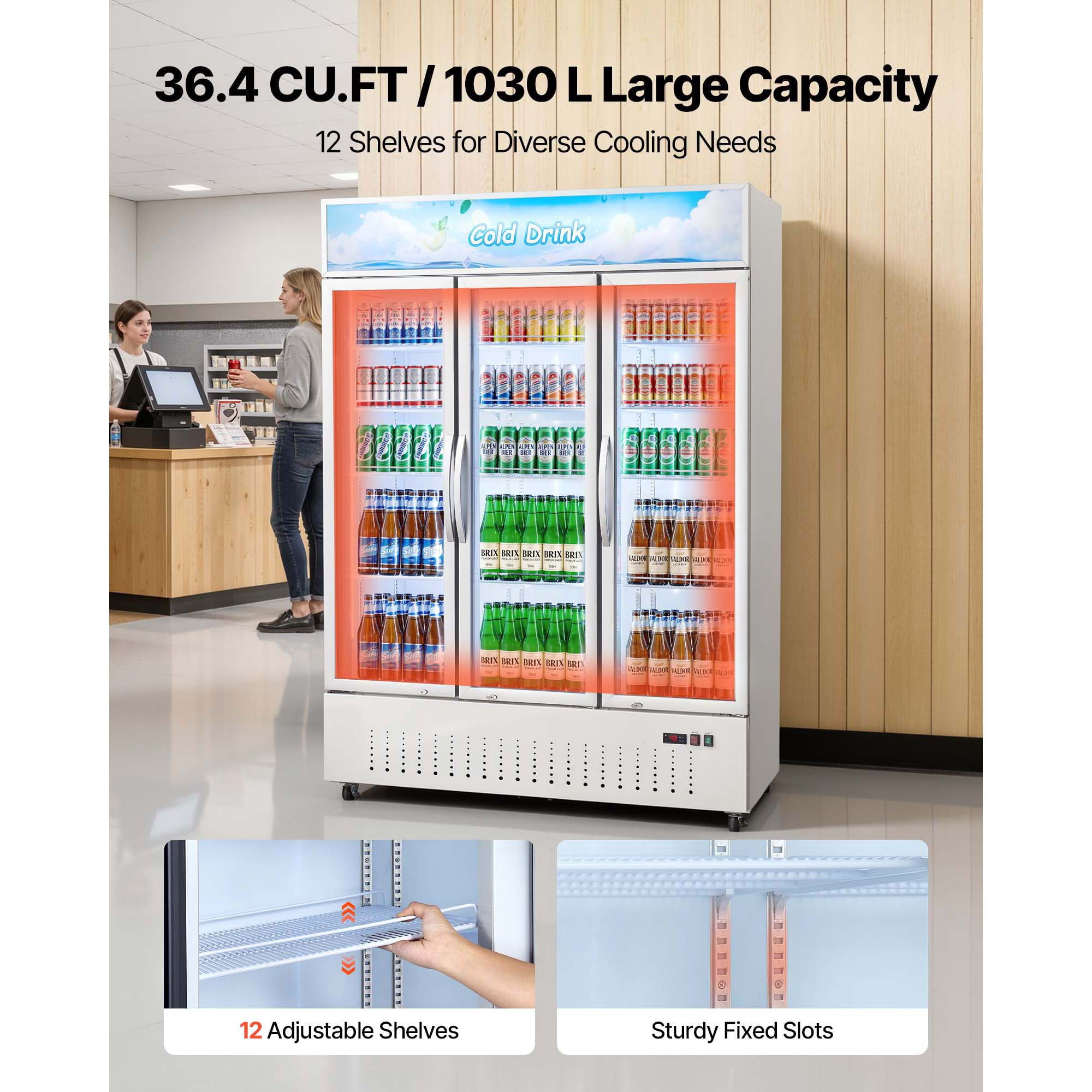 KFFKFF Commercial Merchandiser Refrigerator, 36.4 Cu.Ft / 1030L Upright Beverage Cooler, 3 Glass Door Display Fridge with Customizable Lightbox, 12 Adjustable Shelves, LED Lighting & Casters