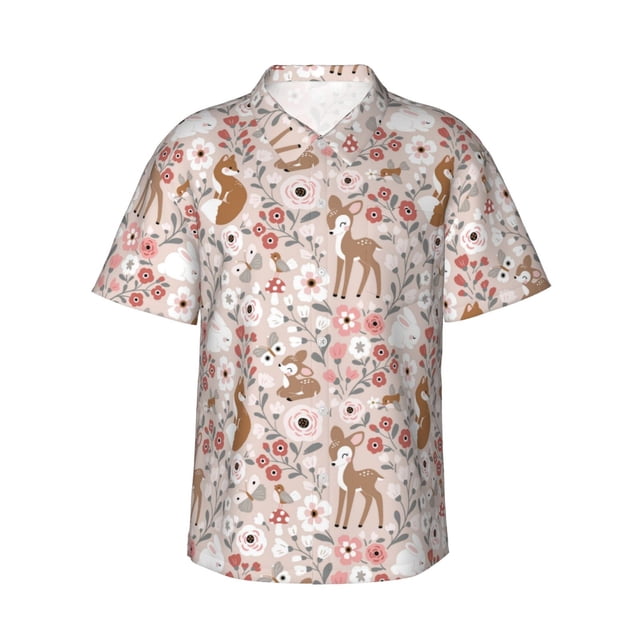 Balery Autumn Floral Deer Camisas hawaianas de manga corta para hombre, camisas playeras de corte holgado, camisas de vacaciones con botones,Large