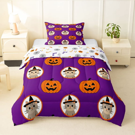 Feelyou Cute Pumpkin Twin Comforter Sets, Cartoon Witch Cat Bedding Set, Purple Orange, Halloween Reversible, 2pcs, 1 Comforter and 1 Pillowcase