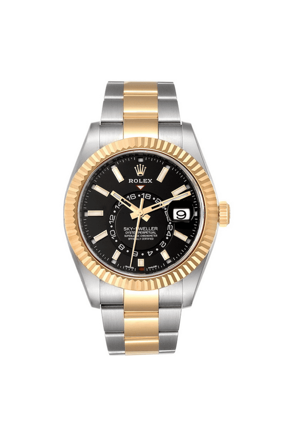 Pre-Owned Rolex Sky-Dweller Yellow Gold Steel Black Dial Mens Watch 326933 Unworn