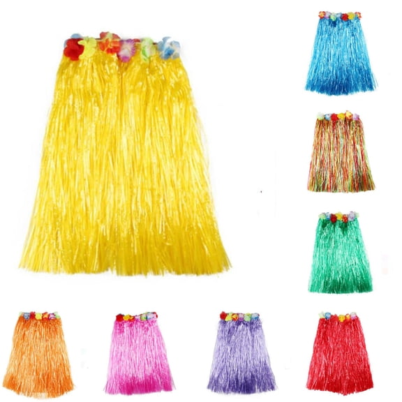 Playtopia Women's Hawaiian Luau Grass Skirt with Flower Waistband, Fringe Dance Skirt, 1 Piece, Multi Size