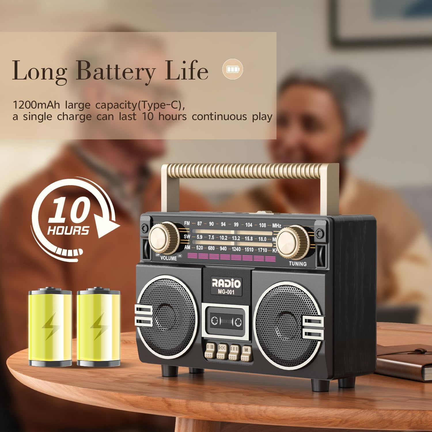 Portable AM/FM Radio with Dual Speakers, USB-C Rechargeable Retro Radio, Transistor Radios with Excellent Reception, Easy-to-Use Large Knob, Portable AM/FM Radios for Seniors at Home and Outdoors