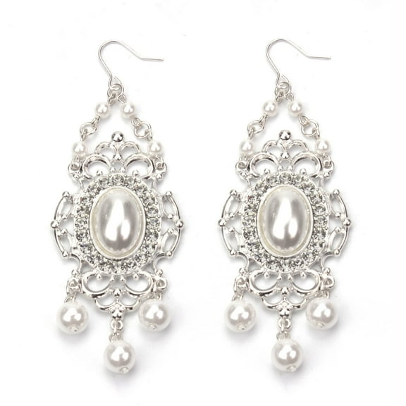 Vintage Style Pearl Chandelier Drop Earrings with Crystal Accents - Wedding Jewelry Silver