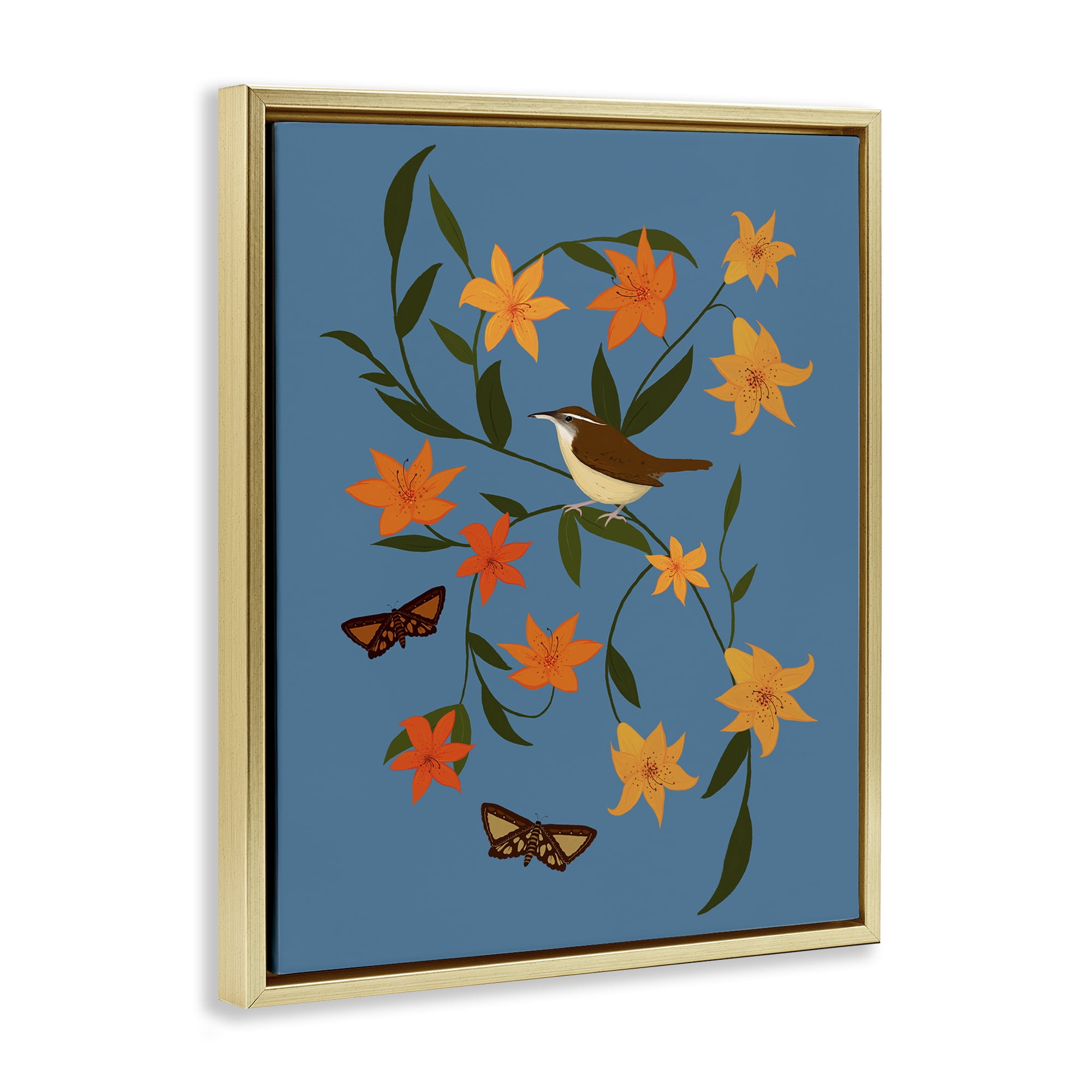 Stupell Industries Sparrow on Lily Bunches Plants & Flowers Painting Gold Floater Framed Canvas Art Print Wall Art, 17 x 21