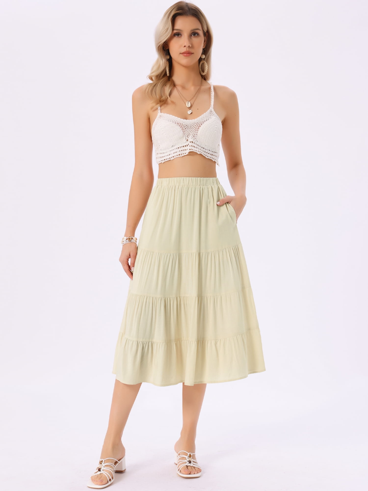 DARING DIVA Women's Flare Tiered Pleated Solid Elastic Waist A-Line Skirt S Apricot