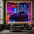 thumbnail image 6 of Purple Sports Car Beneath Neon Skyscrapers, Dramatic Digital Art for Vehicle Fans, City Night Decor, Housewarming Gift, Tapestry Wall Hanging for Gaming Room and Studio, 6 of 7