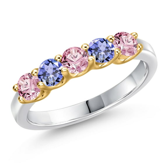 Gem Stone King 10K Two Tone Gold Pink Lab Grown Diamond and Blue Tanzanite Wedding-Bands Ring for Women | 0.90 Cttw | Round 3.5MM | Gemstone April Birthstone | Size 5