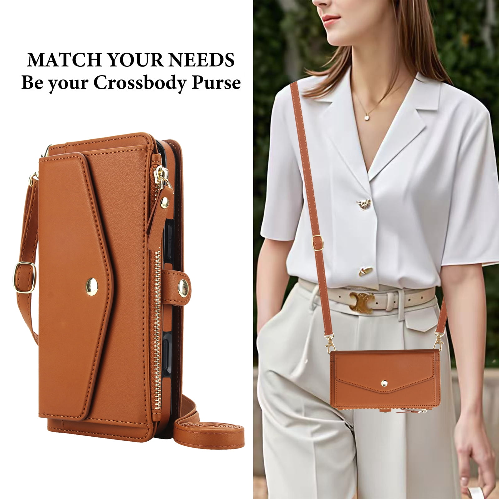 Designed for iPhone 15 Pro Multi-Function Wallet Phone Case,With Shoulder Strap&Wrist Strap,Cash Pocket&Card Slots,Zipper Purse,Magnetic Detachable PU Leather Flip Phone Case,Brown