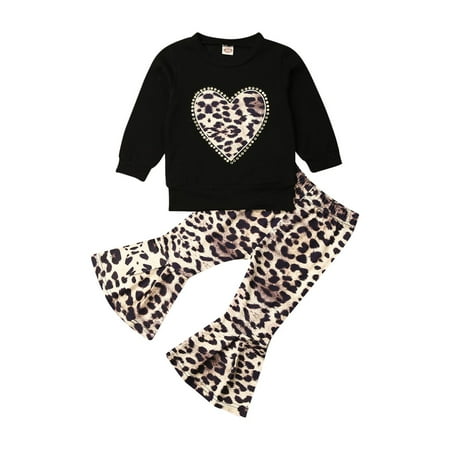 

Toddler Baby Girl Pullover T-Shirt Long Sleeve Sweatshirt Tops Leopard Bell Bottom Pants Headband 3PCS