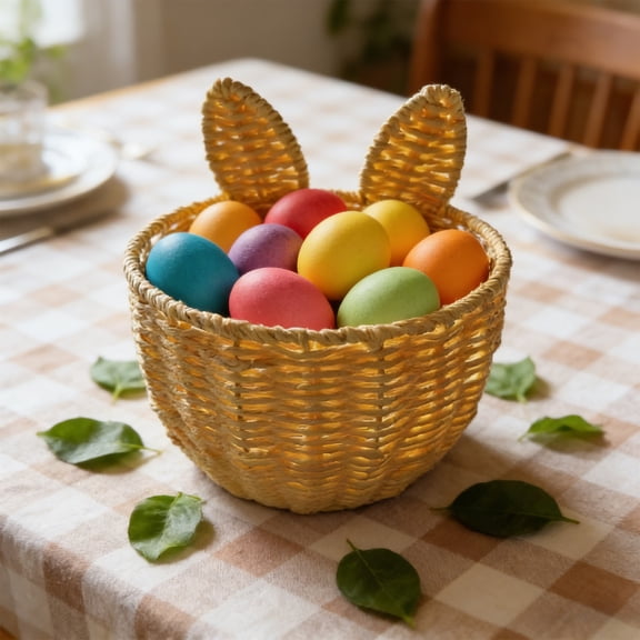 Easter Bunny Woven Basket Easter Outdoor Decorations Rattan Baskets Easter Eggs for Home Office Table Spring Decoration Mini Woven Basket Flower Basket Party Supplies Under $5