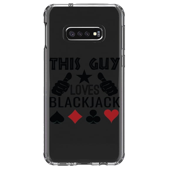 DistinctInk Clear Shockproof Hybrid Case for Samsung Galaxy S10e (5.8" Screen) - TPU Bumper Acrylic Back Tempered Glass Screen Protector - This Guy Loves Blackjack