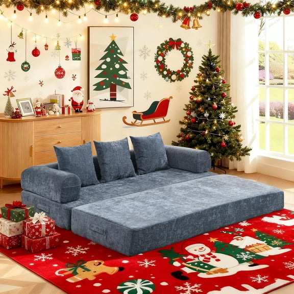 Convertible Floor Sofa Bed, Chenille Fabric Folding Mattress Couch with Armrest and Pillows, No Assembly Space-Saving Floor Lounge Couch for Living Room, Bedroom, Studio