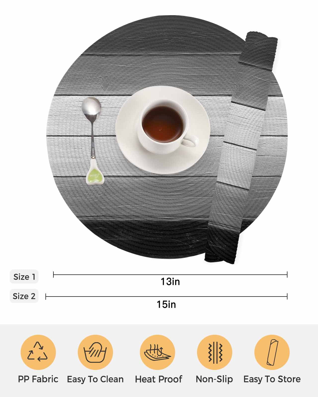 Round Placemats Set of 4 Black Wood Grain Place Mats Washable Woven Placemat Grey Gradient Wooden Circle Braided Table Mat for Kitchen Dining Table Party Home Decor 15 Inch