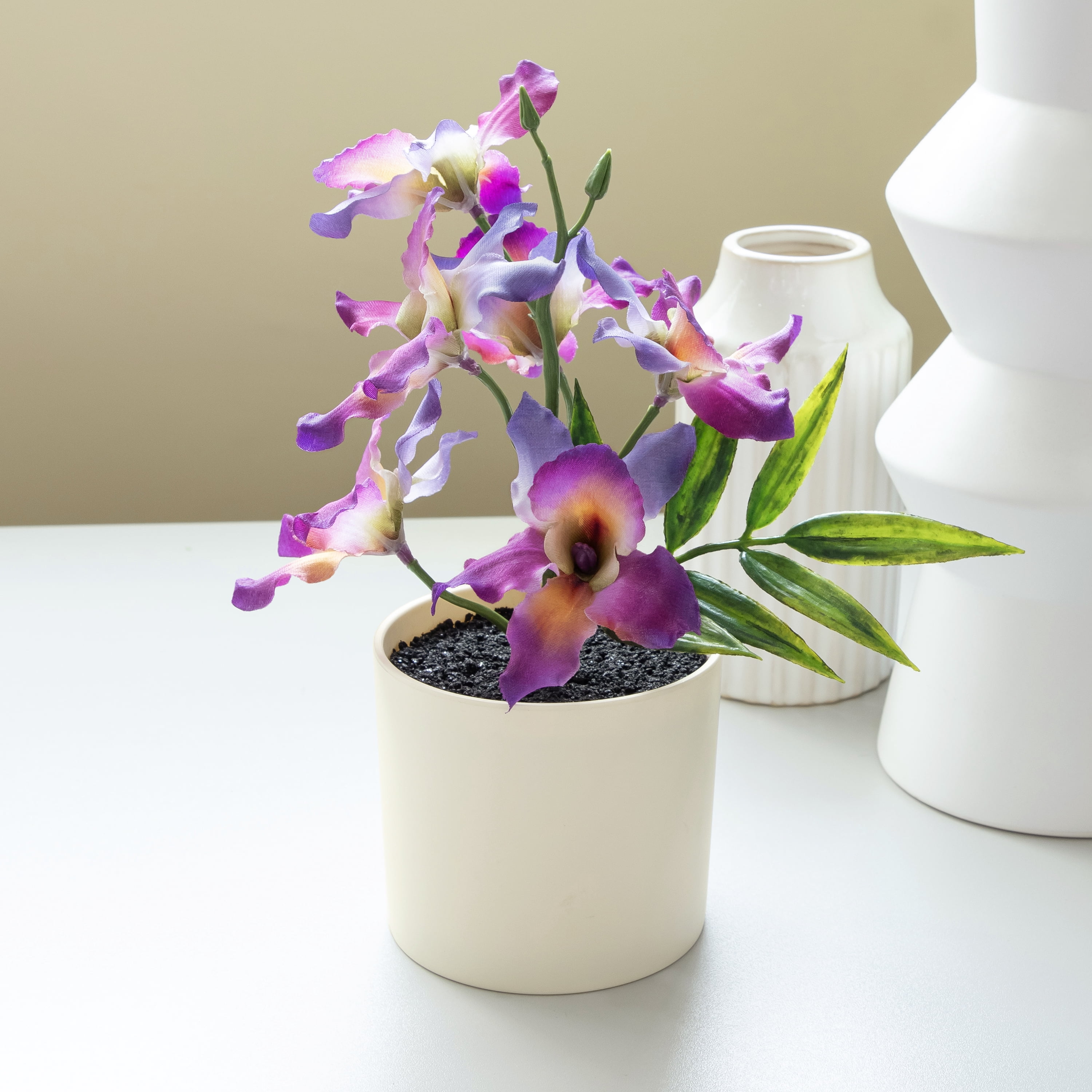 Mainstays 9.5" Artificial Purple Orchid in Cream Pot, for Indoor Use