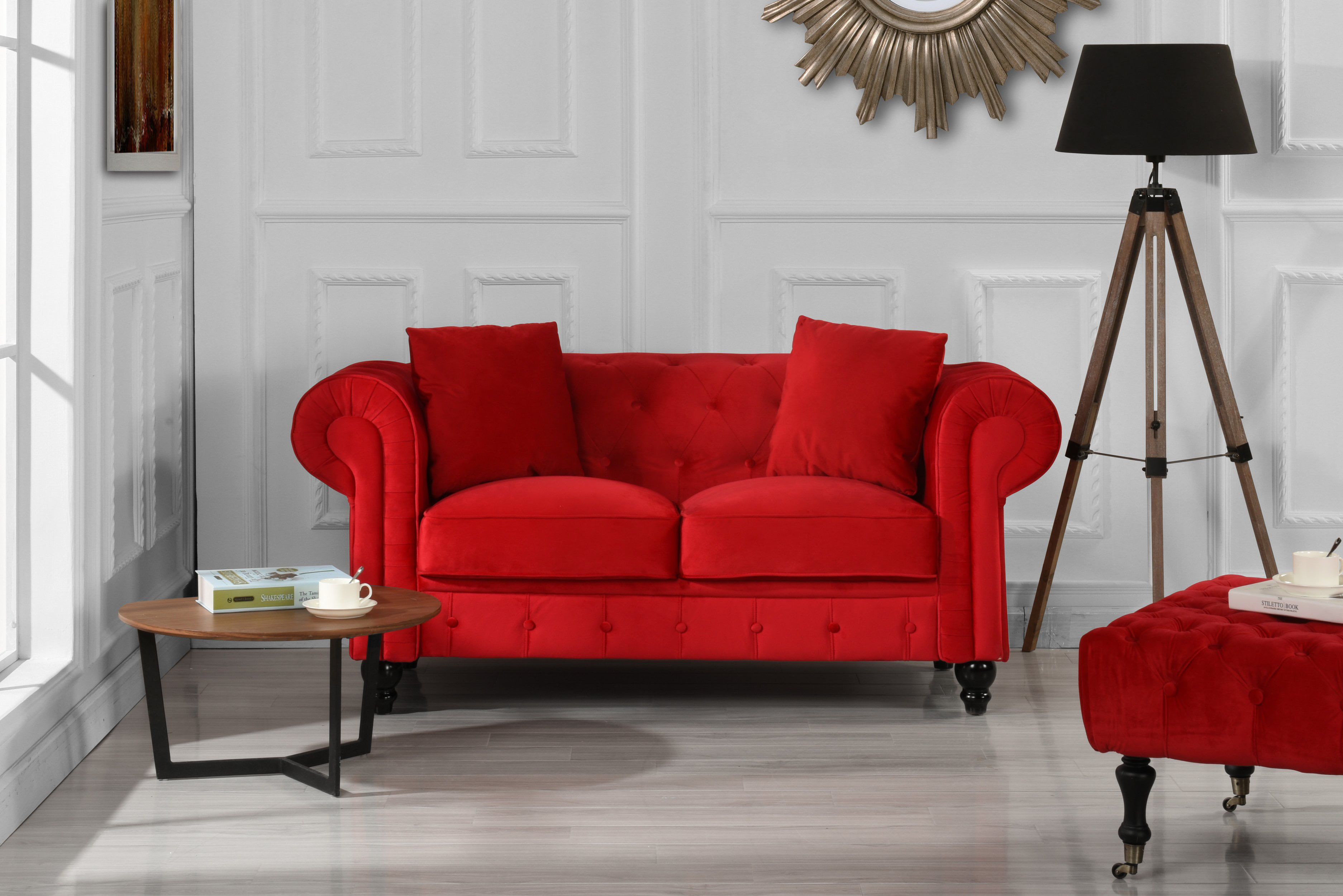 Classic Modern Scroll Arm Velvet Chesterfield Love Seat Sofa (Red