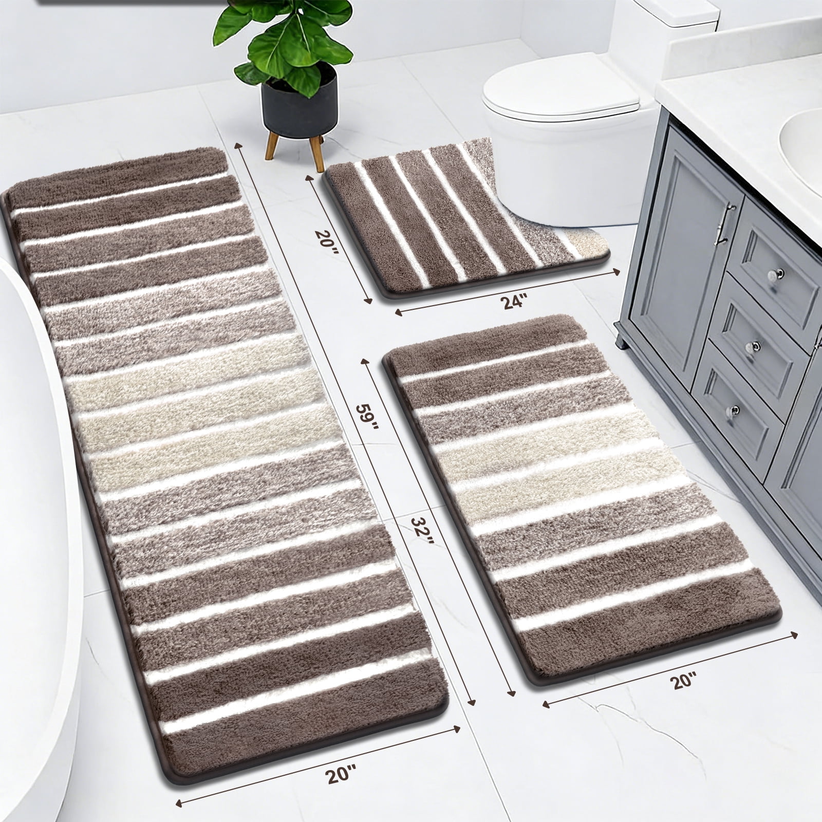Findosom Bathroom Rugs Set of 3,Absorbent Non-Slip Machine Washable Bath Rugs, Microfiber Quick Dry Bath Mats for Bathroom Floor Tub Shower Bedroom Kitchen,20"x32"+20"x59"+U Shape 20"x24" Brown