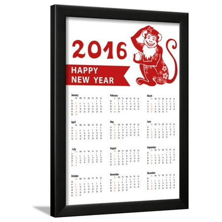 Monkeys Calendar - Calendar 2016.Chinese Zodiac Red Monkey.Vertical Framed Print Wall Art By Tatiana_Kost