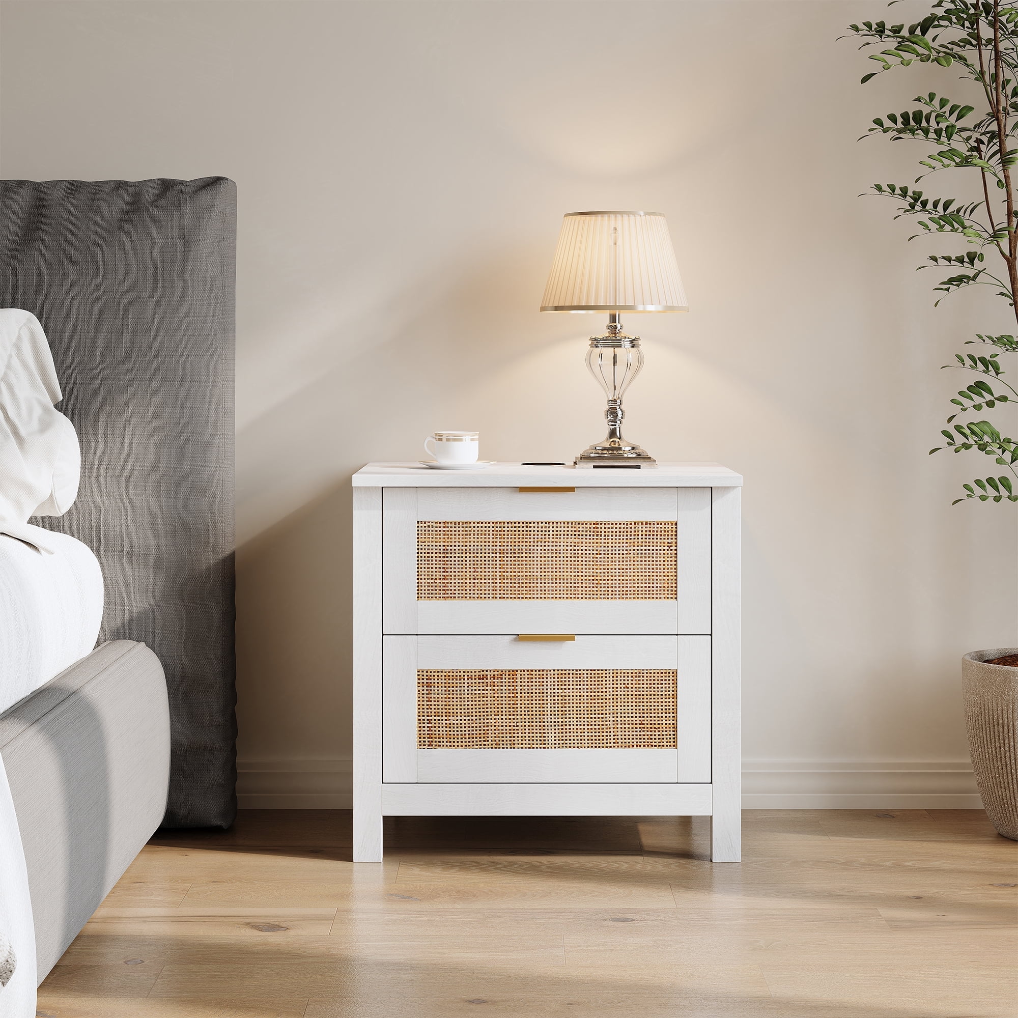 AODAILIHB Accent Bed Side Table, Rattan Night Stands Decor Drawer set of 2, Natural Wood Side Table with Wireless Charging Station, White