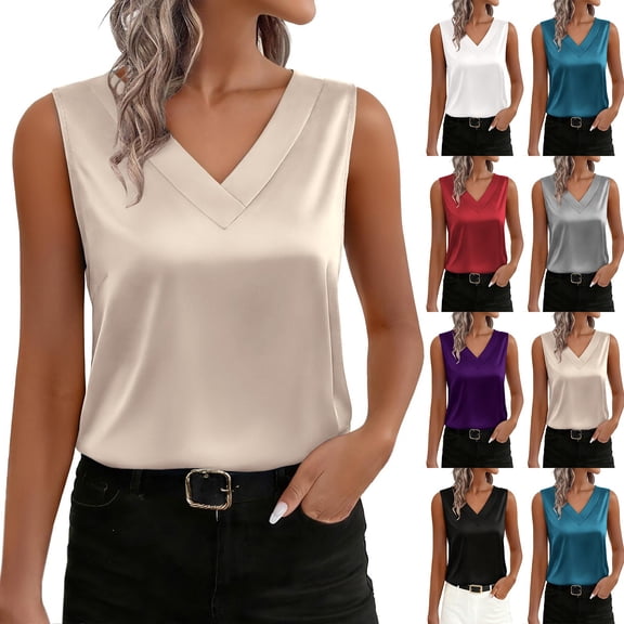 LIZUOJUNF Women's Silk Satin Tank Tops Casual Camisoles V Neck Sleeveless Business Work Blouses Dressy Summer Shirts