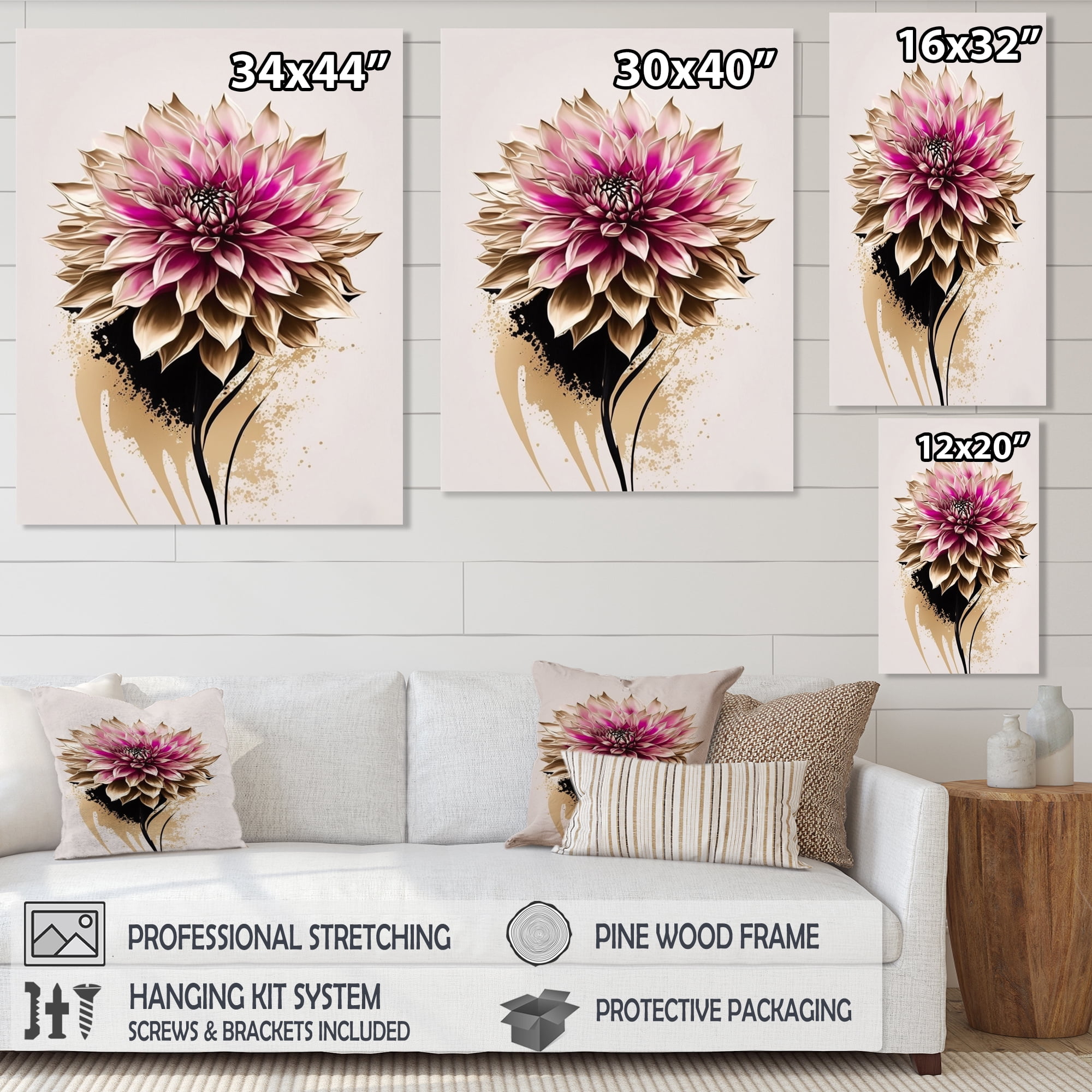 Designart Pink Dahli Flower On Abstract Fusion Canvas Wall Art