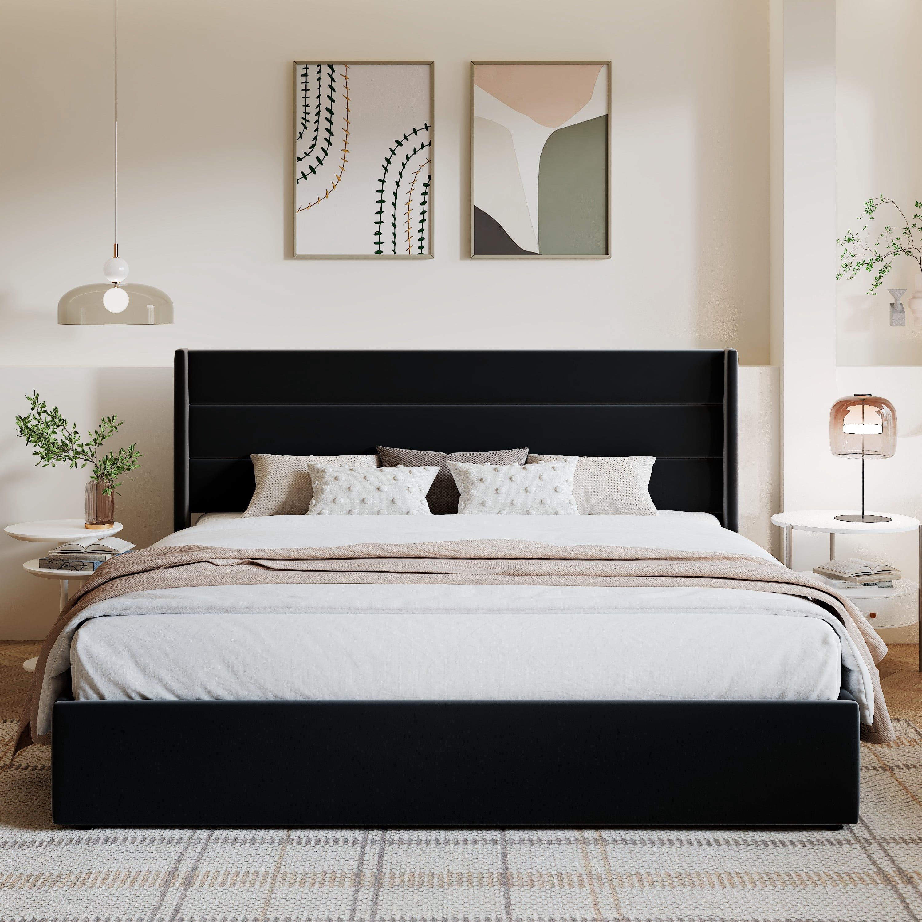 Amolife King Size Bed Frame, Velvet Lift Up Storage Platform Bed with Upholstered Panel Wingback Headboard, Black
