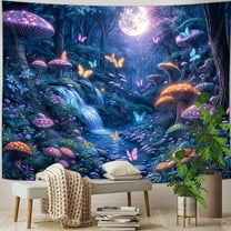 Gojian Fantasy Forest Tree Butterfly Wall Hanging, Fairy Magical Enchanted Jungle Waterfall Mushroom Tapestry for Bedroom Living Room