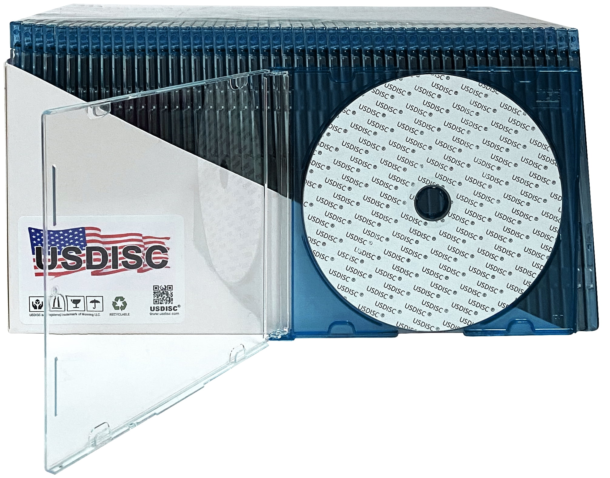 USDISC CD Jewel Cases Slimline 5.2mm, Single 1 Disc, Clear Blue, Pack Of 100