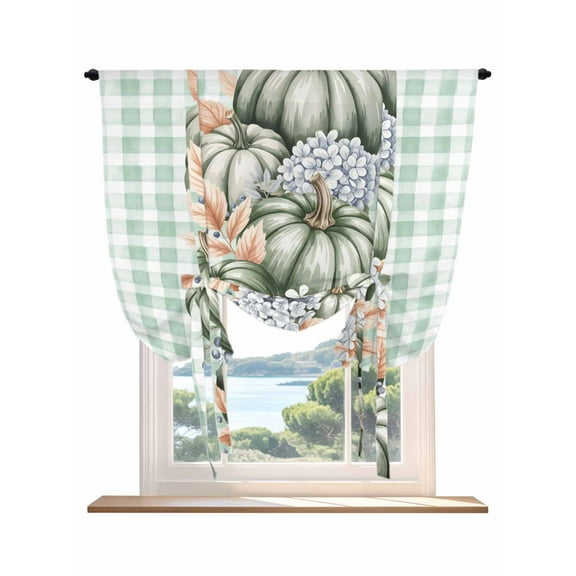 Green Pumpkin Fall Tie Up Curtains for Windows 63 Inch Length Balloon Curtains Kitchen Adjustable Balloon Window Shade Plaid Thanksgiving Botanical Checkered Tie Up Bathroom Curtain Window 52"x63"