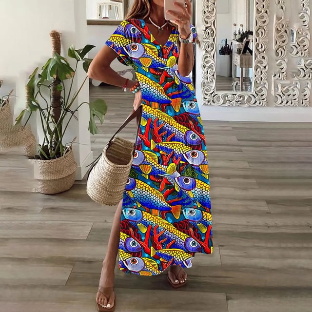Daiosportswear Robe Longue d'Été pour Femme, Col en V, Manches Courtes, Maxi, Robe Fleurie, Décontractée, Ample, Robe de Plage, Robe à Manches Courtes pour Femme Rouge-M TG(TG)