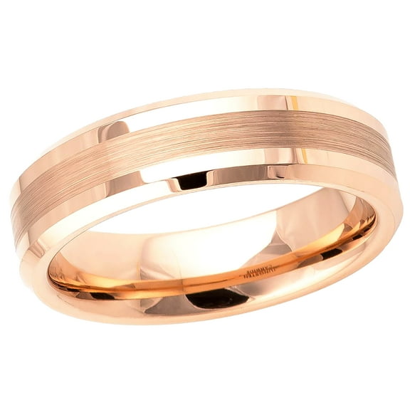 Men's Women's Tungsten Wedding Band Engagement Ring 6mm Rose Gold IP Plated Brushed Center High Polished Beveled Edge