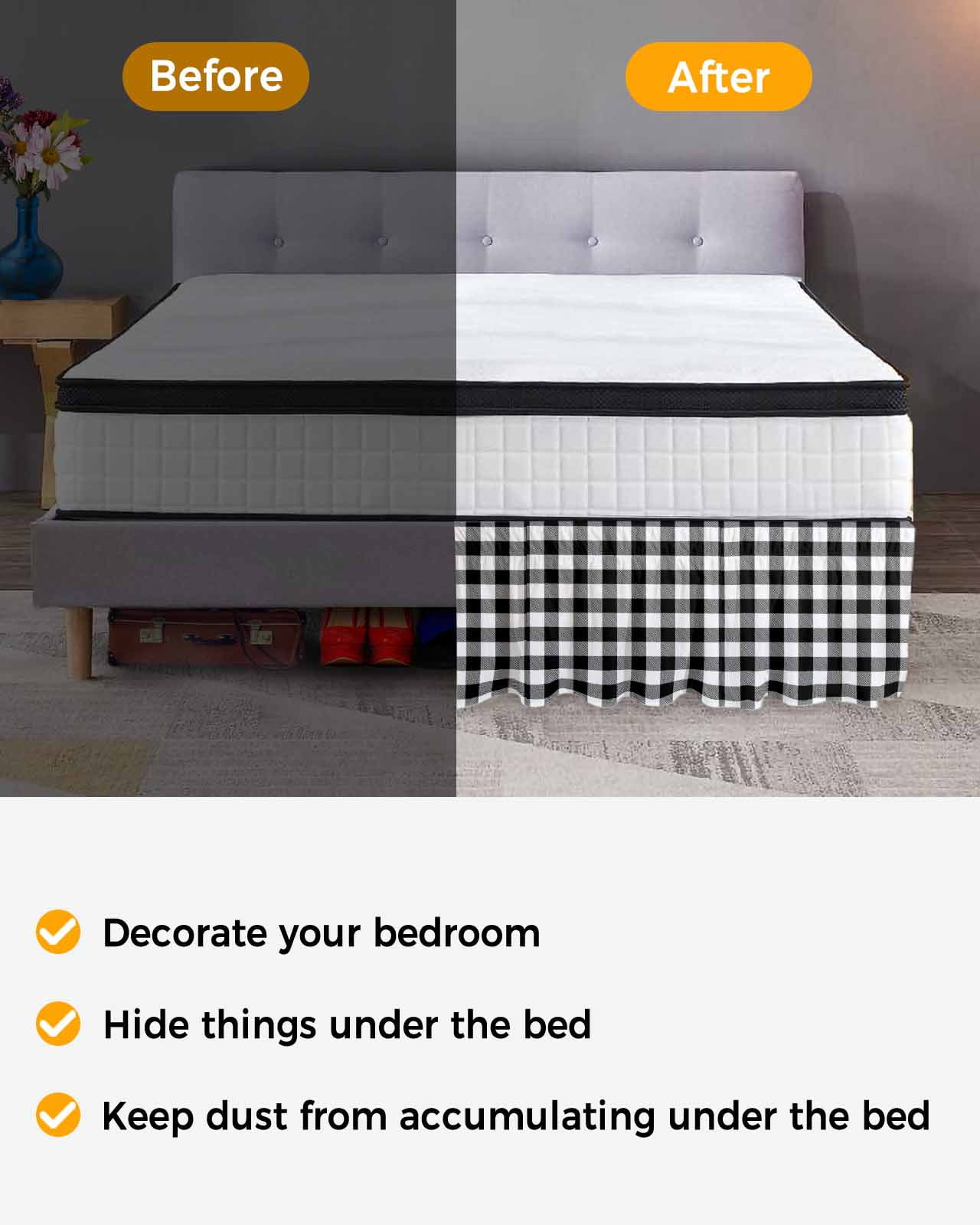 Black White Plaid Wrap Around Bed Skirts for Queen Bed 16" Drop,Bed Skirt with Adjustable Elastic Belt Dust Ruffle Bed Valance for Bedroom Hotel Luxury Farmhouse Modern Art Checkered Bed Frame Cover