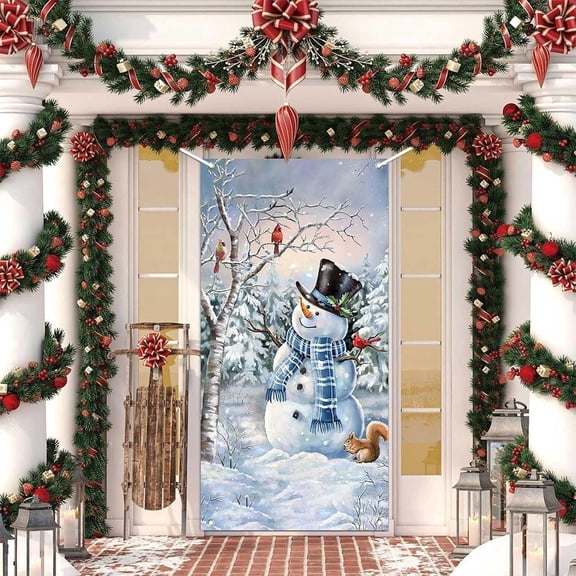 36x72in Winter Snowman Cardinals Door Cover Christmas Wonderland Tree Banner Glitter Porch Backdrop for Holiday Party Decorations