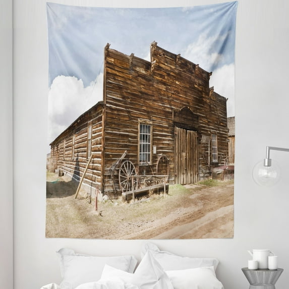 Wagon Wheel Tapestry, Abandoned Mercantile with Wagon Wheels Ghost Town, Fabric Wall Hanging Decor for Bedroom Living Room Dorm, 5 Sizes, Sand Brown Pale Blue, by Ambesonne