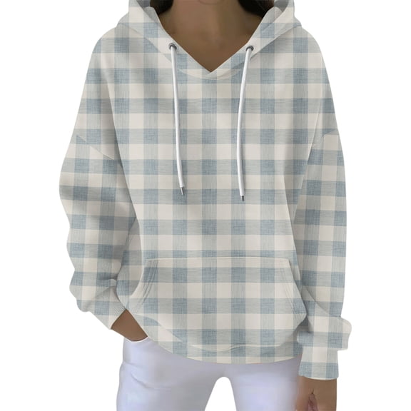 Women's Fashion Casual Hooded Loose Printed Long Sleeve Sweatshirt Grid Pattern Pullover Top for Women Autumn Streetwear Comfortable Oversized Hoodie,Light Gray,L