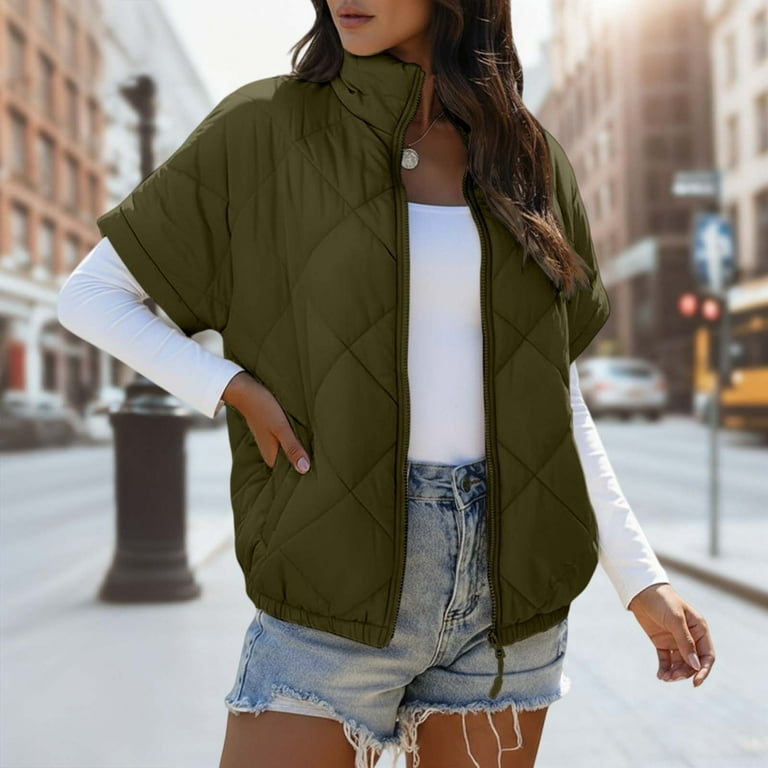 Quilted Jackets For Women Casual Lightweight Short Sleeve Zip Up