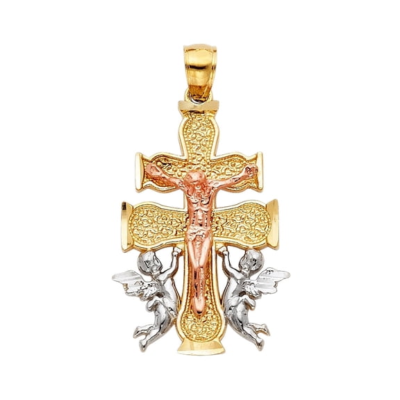 14K Tri Color Gold Religious Cross of Caravaca Pendant | 3C Gold Charm Pendant for Necklace Chain | Jewelry Gift for Men Women | 30 x 18 MM | 3.4 grams