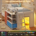 thumbnail image 2 of Low Loft Bed with Desk and LED Lights, Twin Size Loft Bed Frame with 6 Storage Drawers, Bookshelf and Under-Bed Play Space, Twin Bed Frame with Safety Guardrail&Ladder for Bedroom, White&Blue, 2 of 9