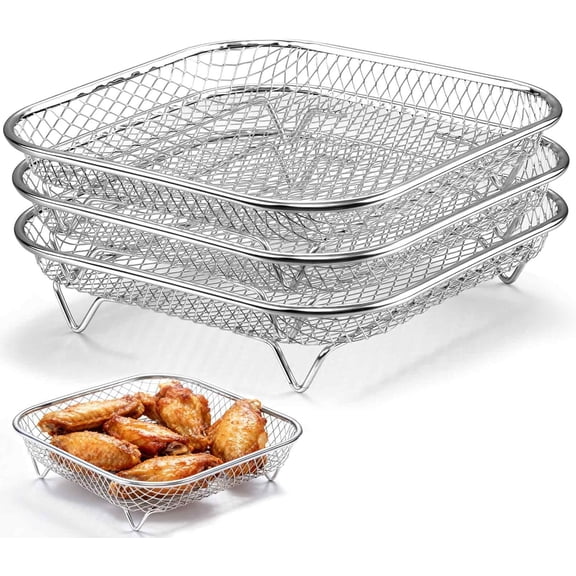 7.72 Inch Square Air Fryer Rack Set of 3, Stackable Stainless Steel Air Fryer Basket Accessories, Deep Dehydrator Racks Frying Baskets for Baking Roasting, Oven & Dishwasher Safe