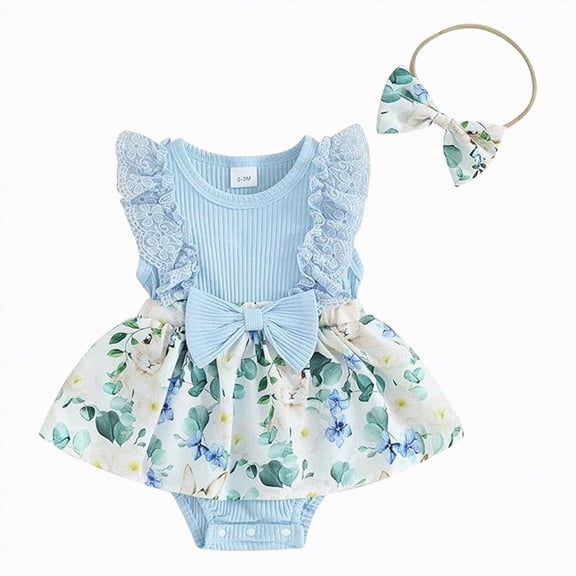 Linfrsh Baby Girl Summer Clothes Outfits Sleeveless Lace Floral Romper Dress Newborn Outfit(Light Blue,0-3 Months)