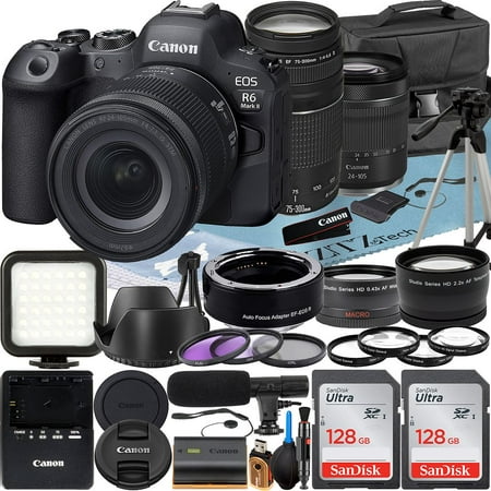 Canon EOS R6 Mark II Mirrorless Camera with RF 24-105mm Lens + EF 75-300mm + Mount Adapter + 2 Pack SanDisk 128GB Memory Card + LED Flash + Case + ZeeTech Accessory