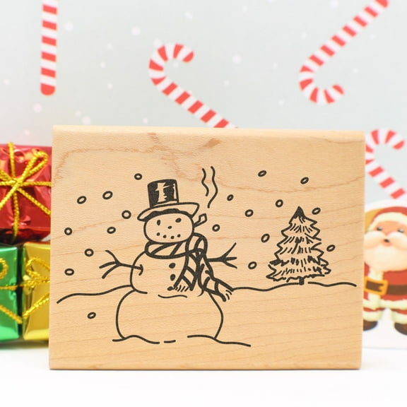 Snowman Art Rubber Stamp, Laser Engraved Craft Stamp on Wood Mounted Block, Size 1-3/4” x 1-3/4”, Made in USA