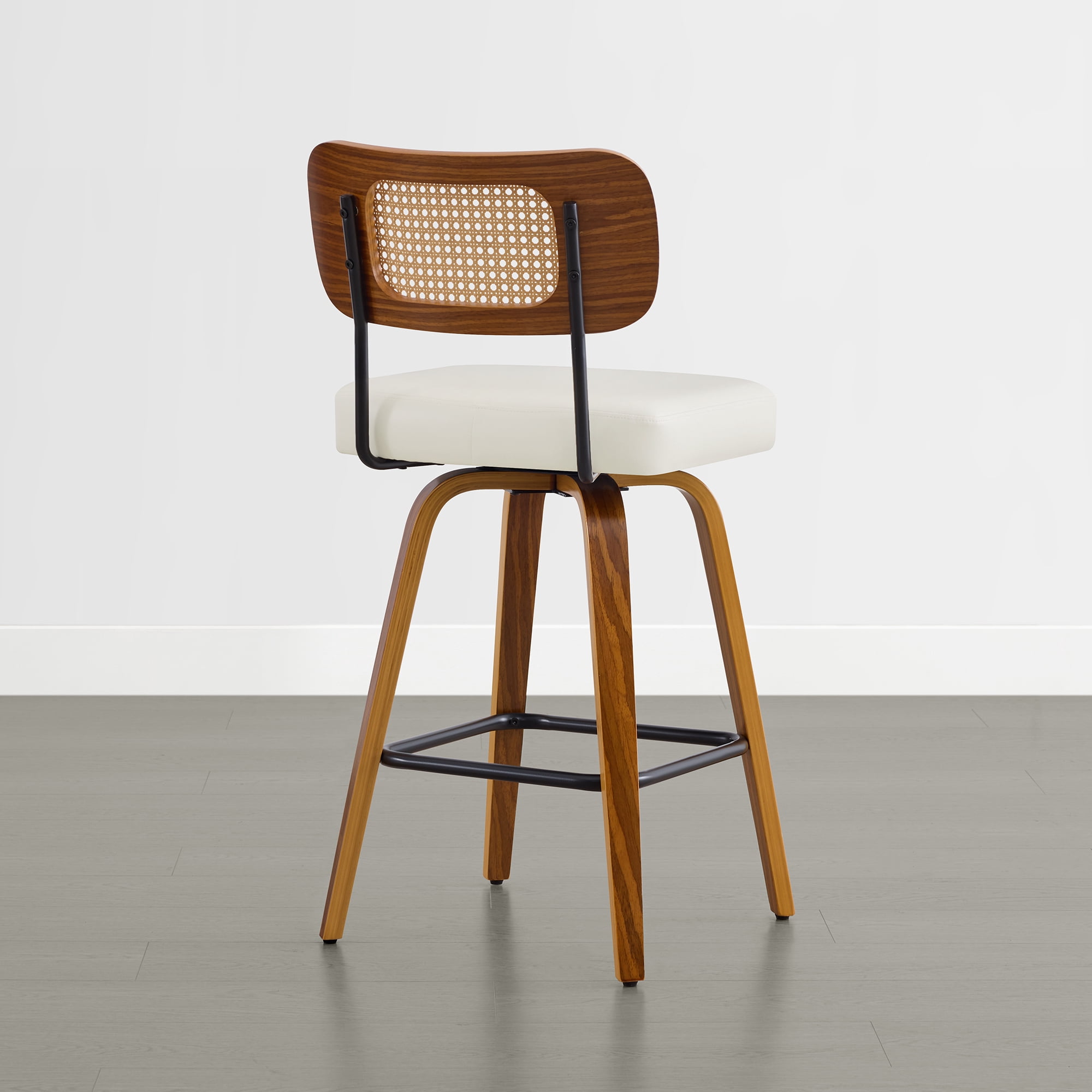 Spruce & Spring 26" Swivel Counter Bar Stool with Walnut Bentwood Frame Set of 3, PE Rattan Back, Ivory