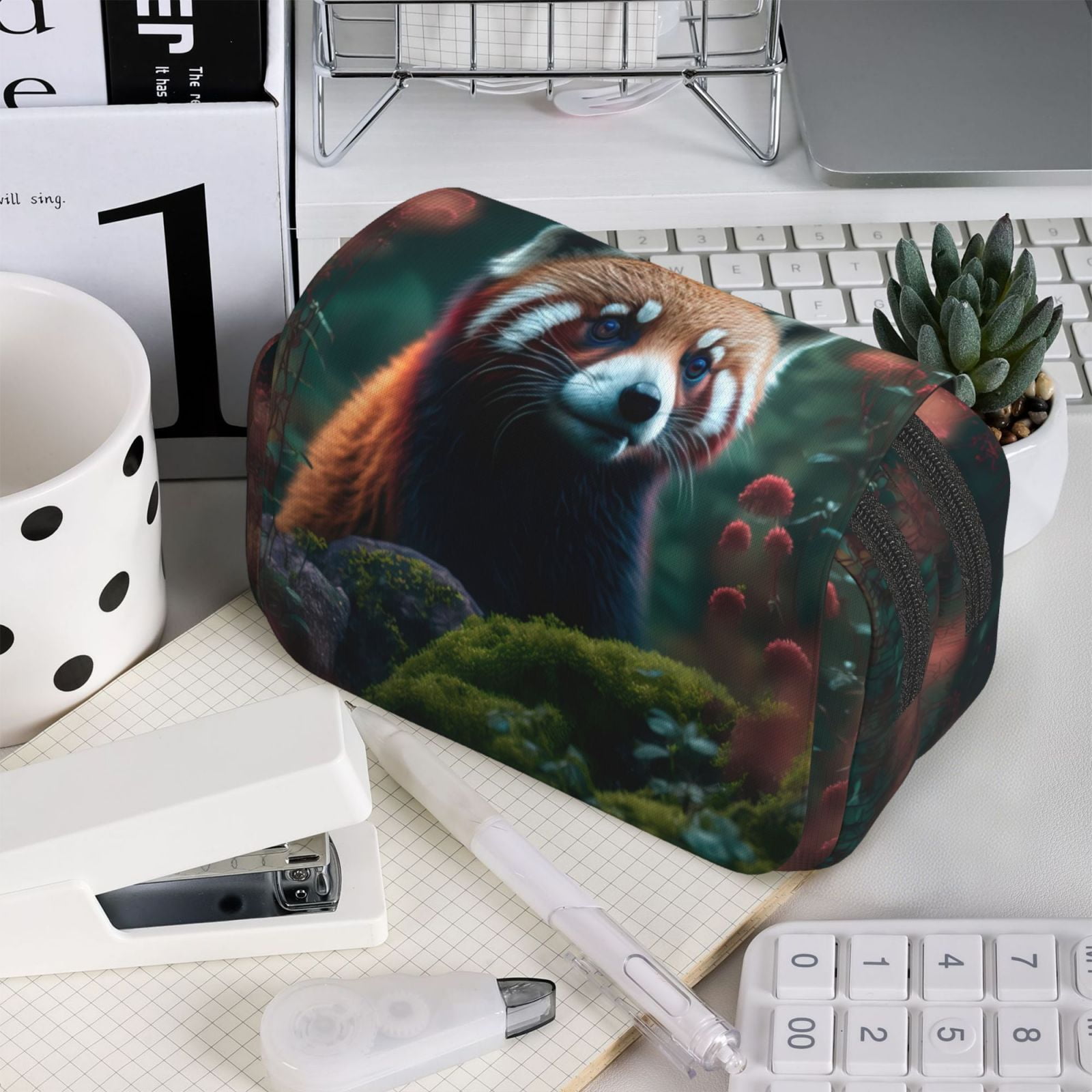 Rateoe Forest Plant Raccoon Pattern Double Clamshell Pen Case, Storage Organizer with Two Zipper Compartments– Holds Up to 50 Pencils & Pens