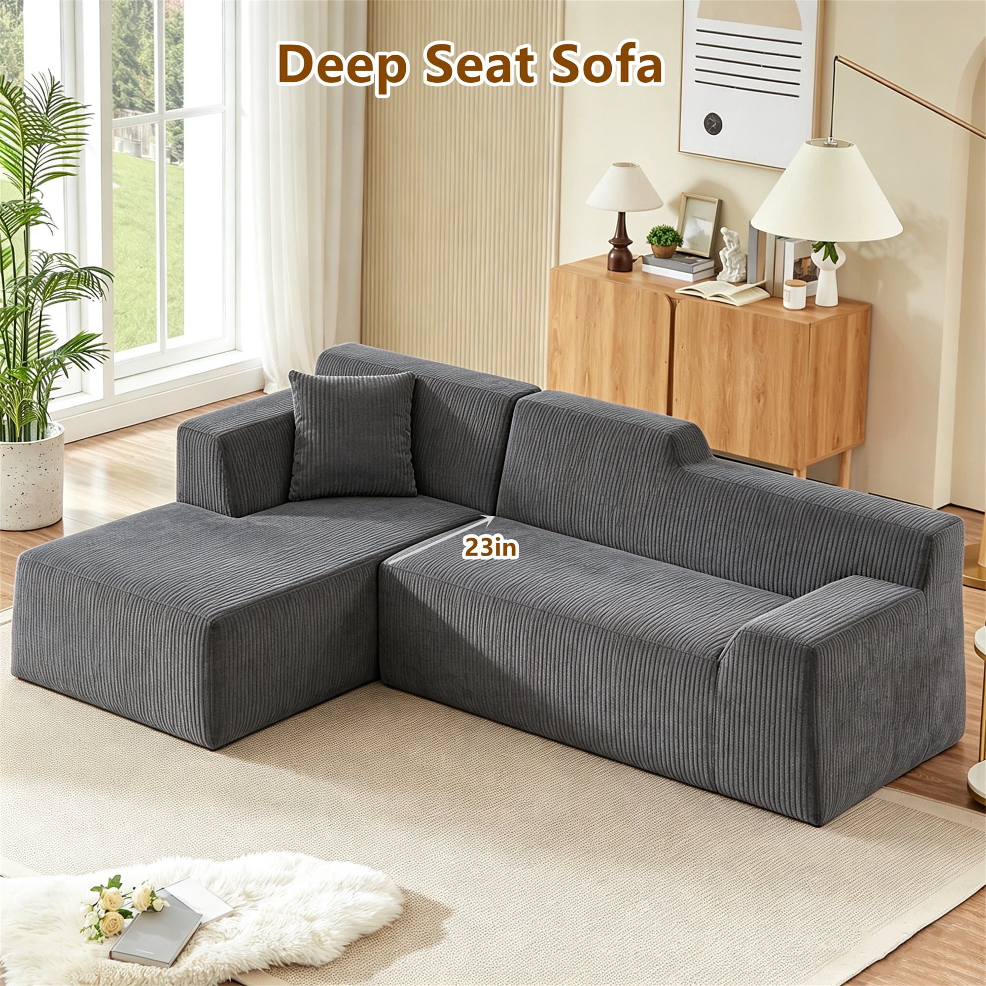 Aukfa 97" Cloud Sectional Sofa Tight Back Boneless Couch Modular L-Shaped Couch, Left Chaise Corduroy Sofa for Living Room, Gray