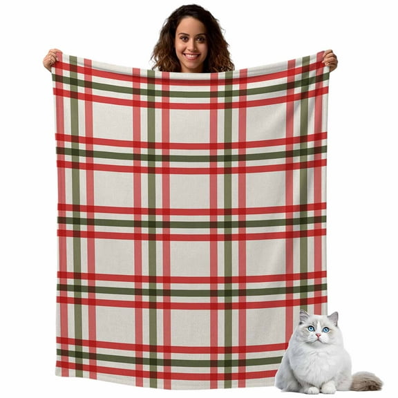 Flannel Fleece Throw Blankets Christmas Retro Line Tartan Lattice Throws Blankets, Minimalist Red Green Plaid Lightweight Soft Warm Blanket for Couch Sofa Bed Living Room All Season Use, 40x50in
