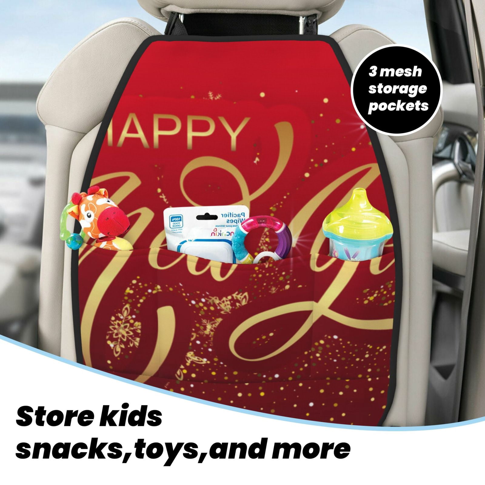 Xecao Happy New Year2 Pattern Car Seat Back Protector 2 Pack Large Capacity Pocket, Kick Mats Back Seat Protector