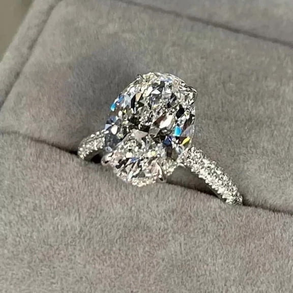 4Ct Oval Cut Lab Created Diamond Halo Engagement Ring 14K White Gold Plated Silver